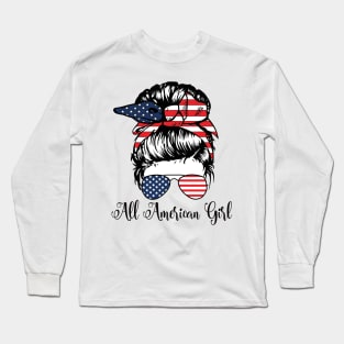 All American Girl 4th Of July Women Messy Bun USA Flag Long Sleeve T-Shirt